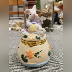 Floral Bunny Trinket Box filled with Vintage Brooches and Earrings (no clip-ons)